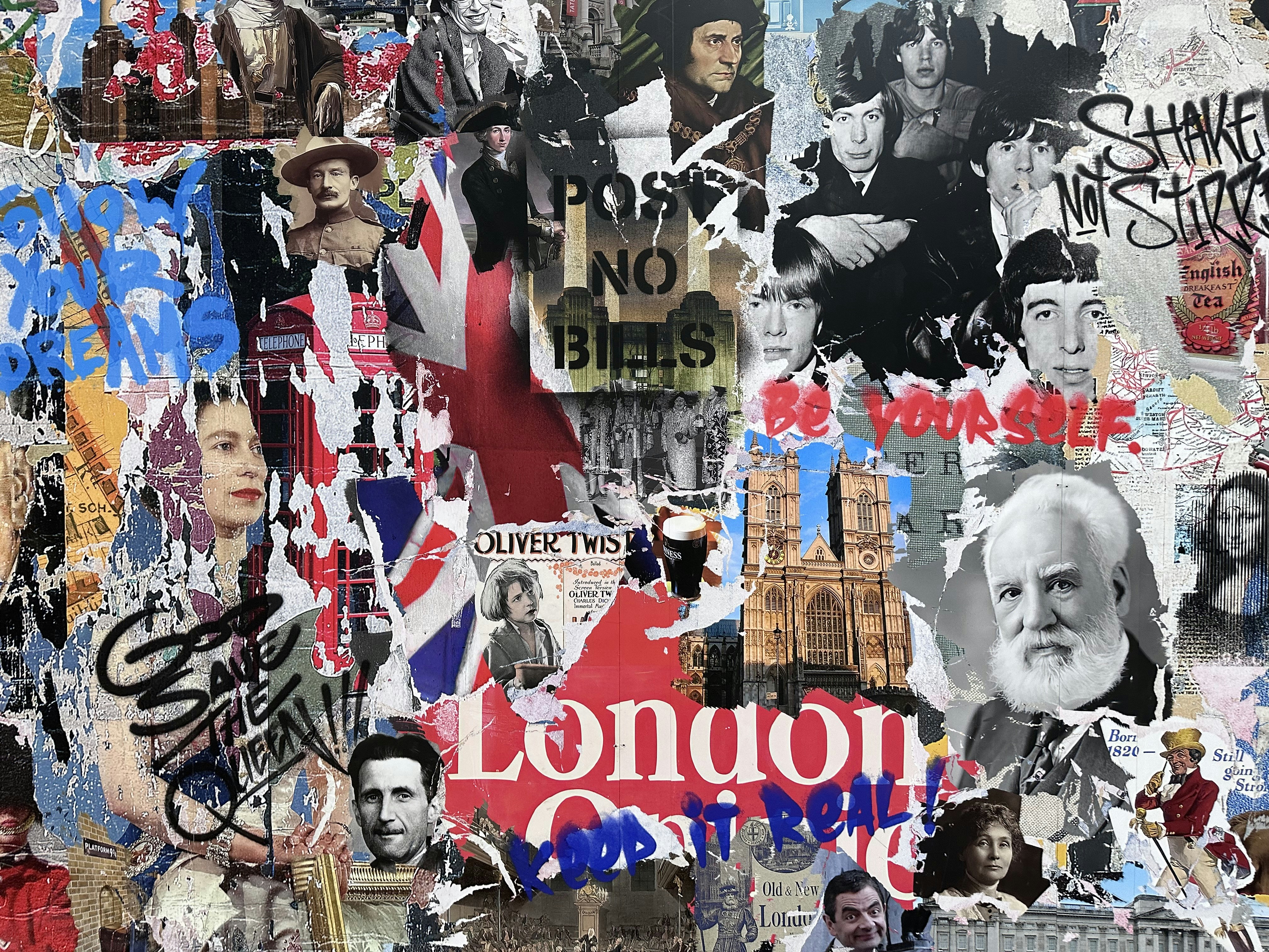 A torn mural depicts London over the ages, Battersea Power Station, London